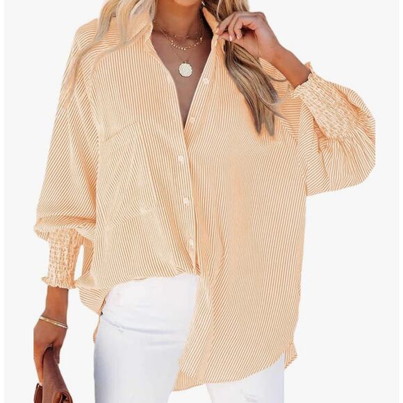 Striped Button-Down High-Low Shirt Smocked Cuffs Pockets SZ L Oversized No-Iron - Picture 3 of 8